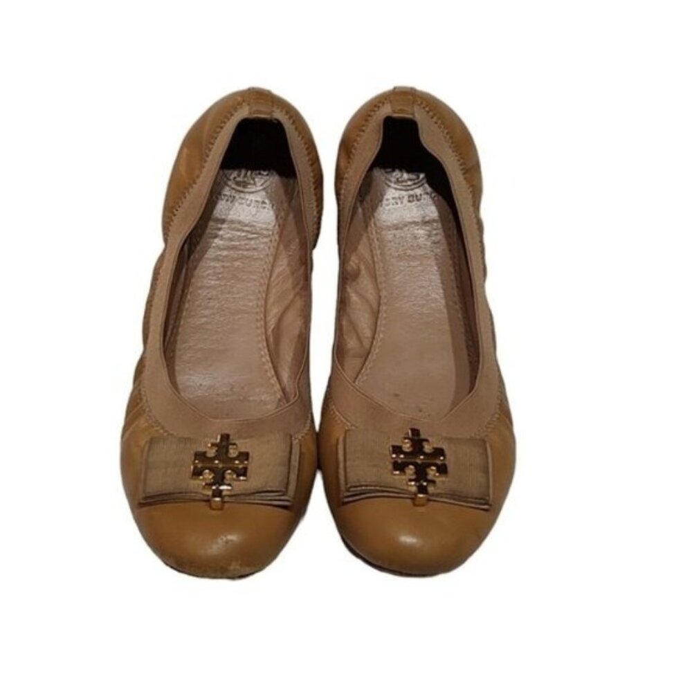 Tory Burch Tan Leather Ribbon Bow Logo Scrunch Ballet Flats 7.5M